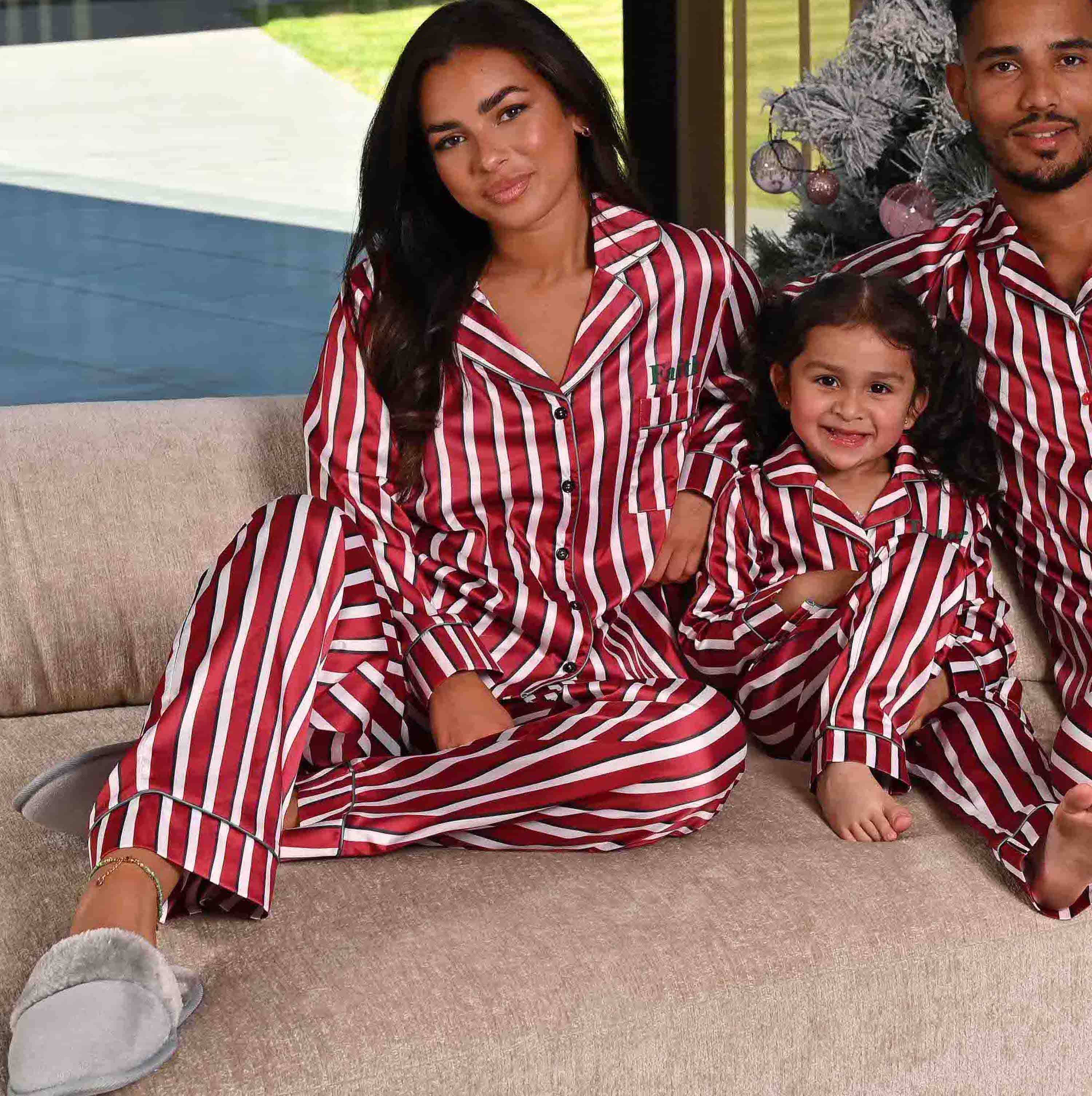 Red White Ladies Personalised Family Stripe Satin Pyjamas for wholesale on Faire2