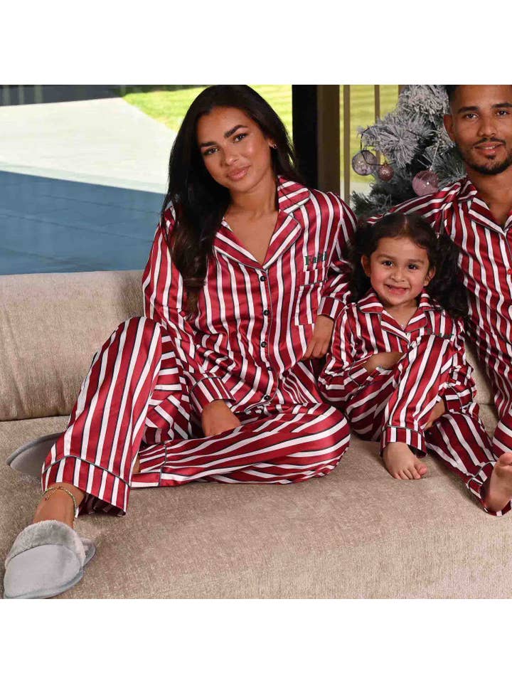 Red White Ladies Personalised Family Stripe Satin Pyjamas for wholesale on Faire2