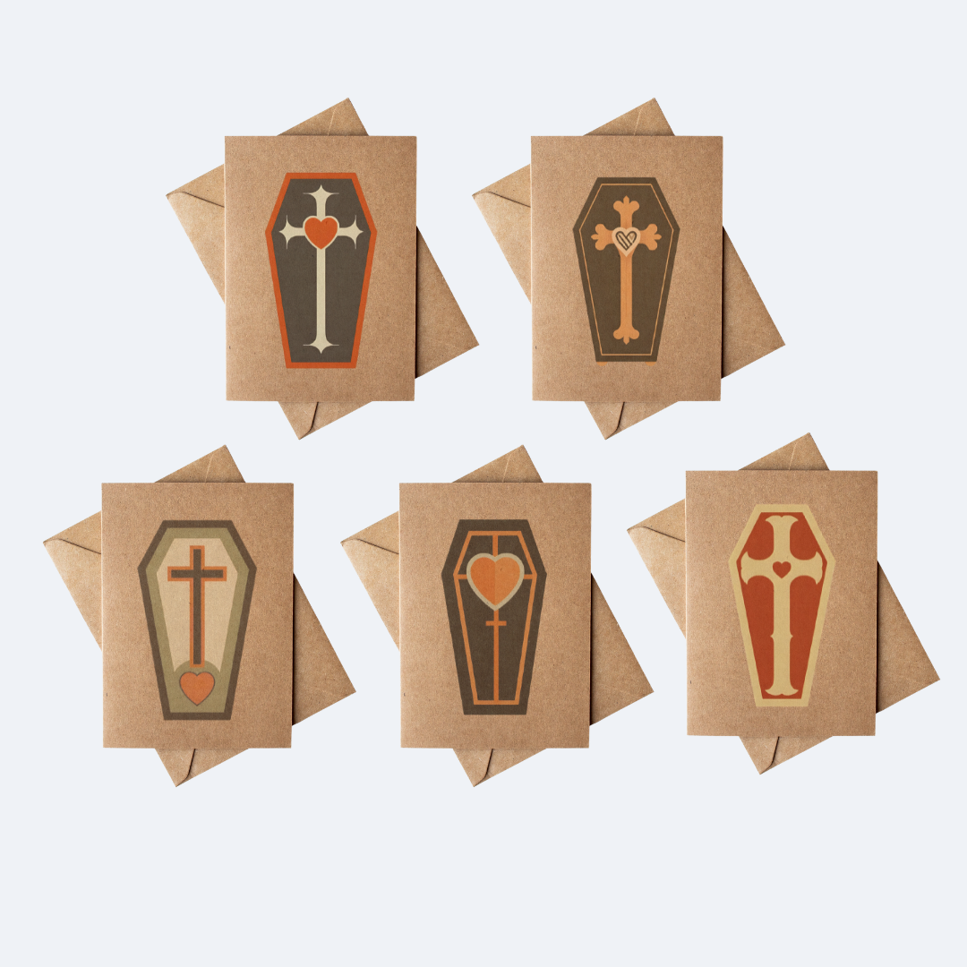 Cryptic Paper Co. – wholesale Everyday greeting card – Set of 5 Goth Coffins Brown Kraft Paper Greeting Card Set 0