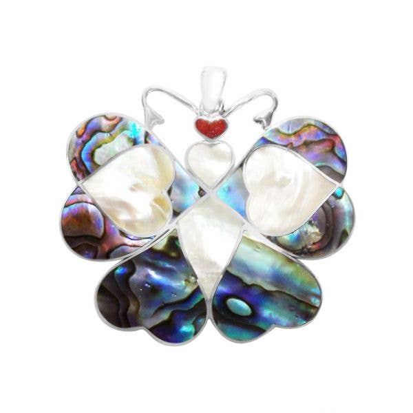AP-6172-SH Sterling Silver Butterfly Pendant Abalone Shell, Coral, And Mother Of Pearl With Heart Design -Wholesale Bali Jewelry for wholesale by Bali Designs