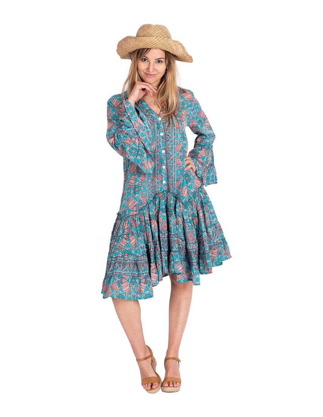 Türkis Boho-Kleid mit kurzen Ärmeln und A-Linie für den Großhandel auf Faire2