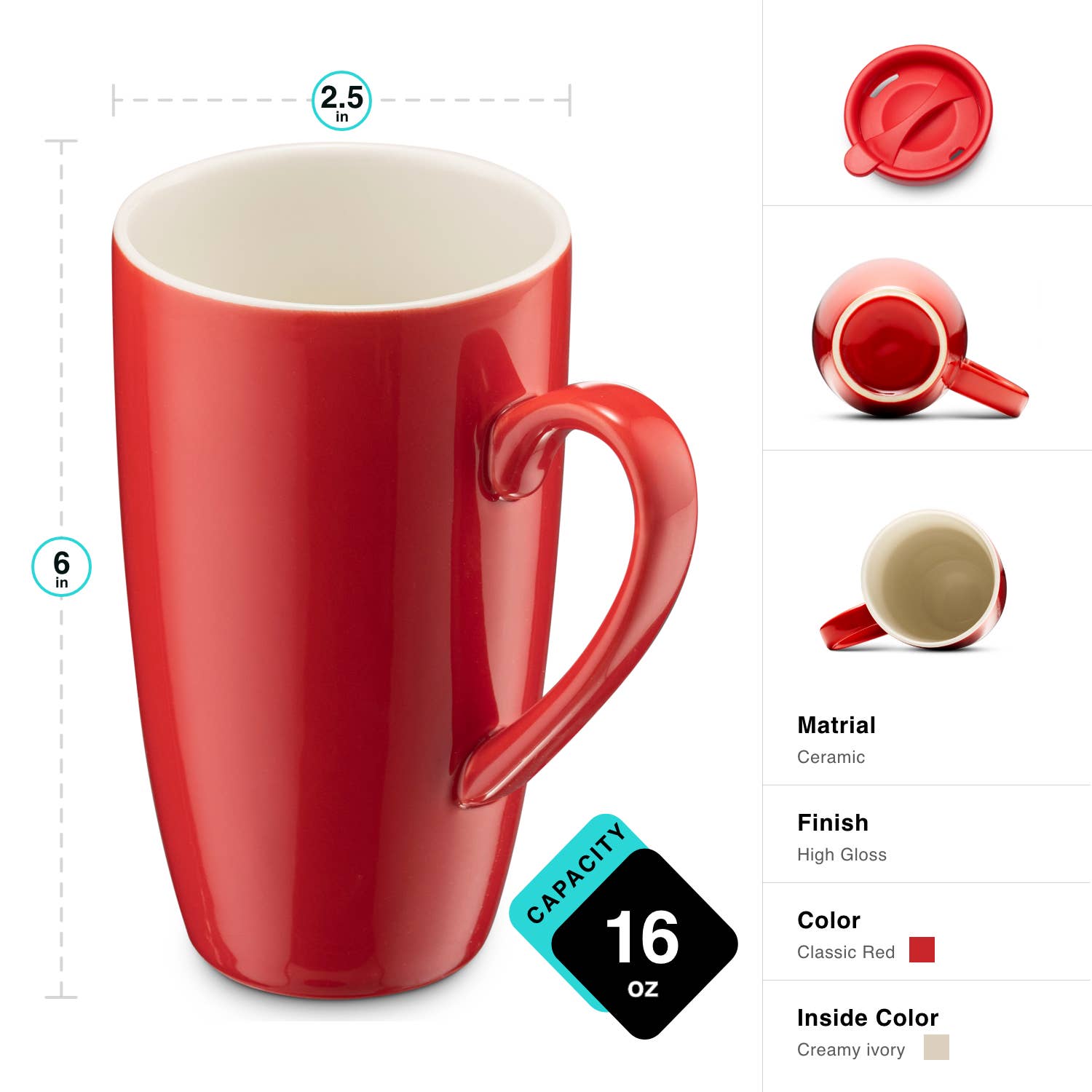 Kadra Kitchenware - Wholesale Coffee Mug - Mitbak - Classic Mug with Lids, Red, 6 Pk6