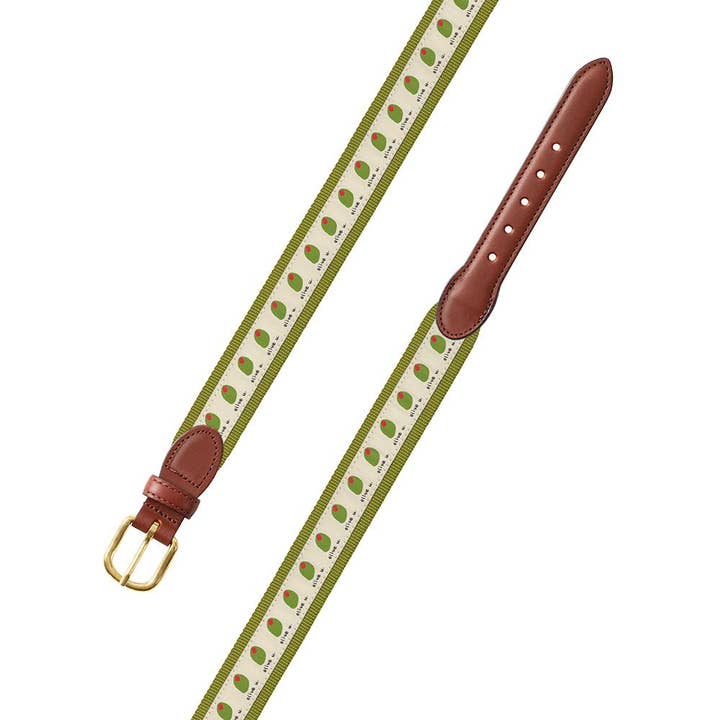 Olive U on Green Bespoken Motif Leather Tab Belt for wholesale by Barrons-Hunter