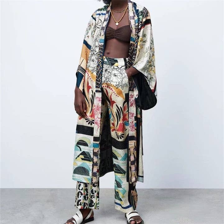 PRINTING Printed Patchwork Kimono Top And Wide Leg Pants Set for wholesale on Faire