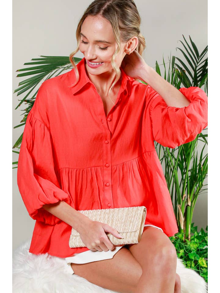 Vine & Love - Wholesale Blouse - Women's - Collared Balloon Sleeve Button-Up Blouse Shirt VT31805