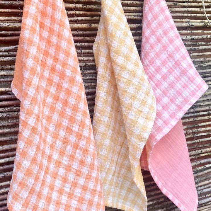 CHARMY - Wholesale Dishcloth - 3 hand towels in double gauze cotton fabric with Vichy Clémentine, Wheat, Candy Pink pattern made in France