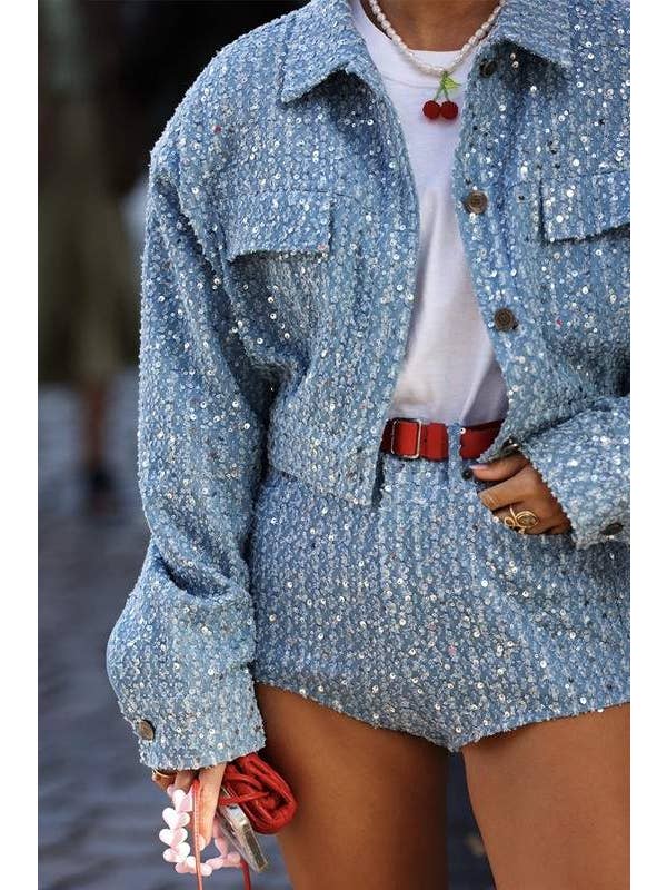 BLUE sequins crop denim jacket and shorts set for wholesale on Faire6