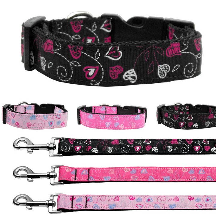 Pet Dog & Cat Nylon Collar or Leash, "Crazy Hearts" for wholesale by American Leashworks