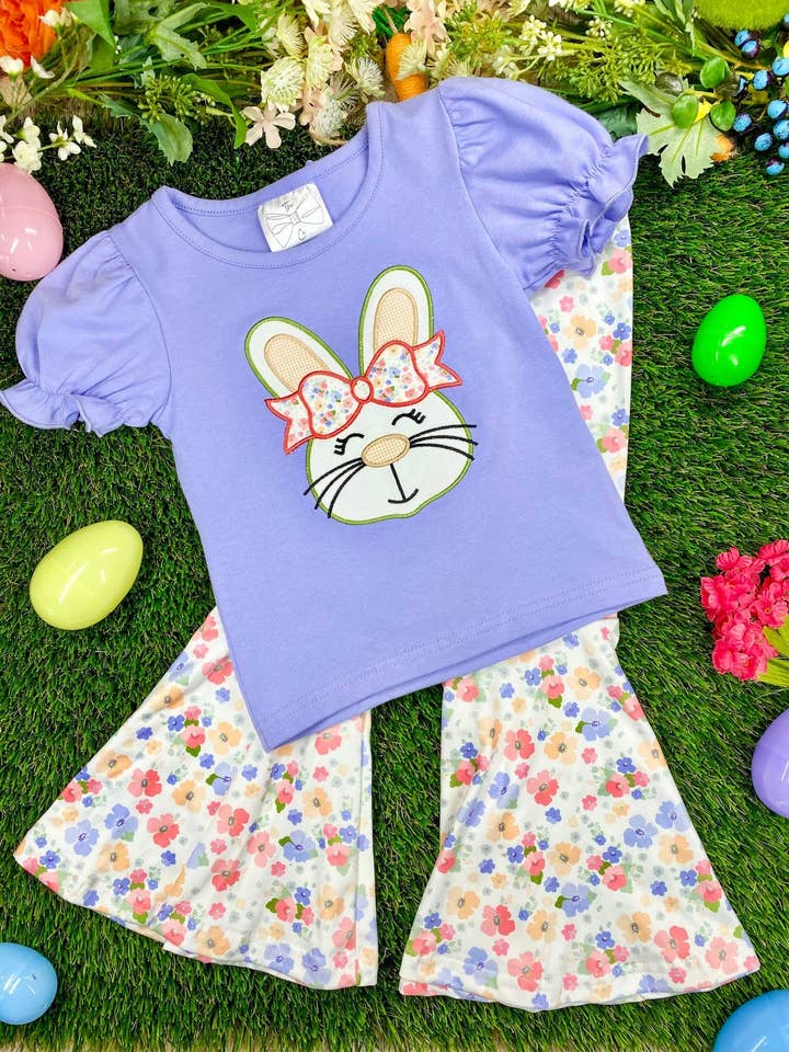 Girls Bunny Appliqué Floral Bell Bottoms Set for wholesale by The Hair Bow Company