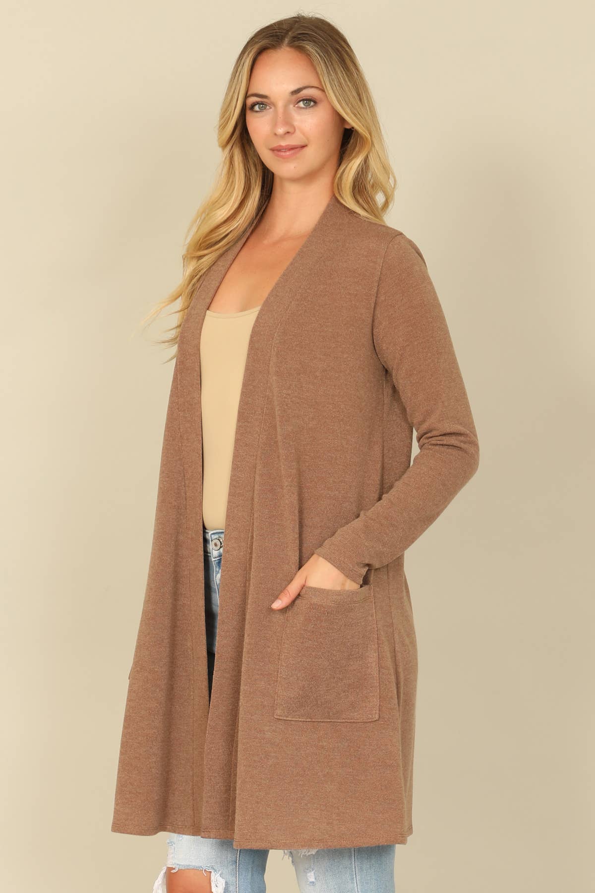 You & Me - Wholesale Cardigan - Women's - YMC30014V-SOLID LONG SLEEVE SIDE POCKET OPEN FRONT CARDIGAN8