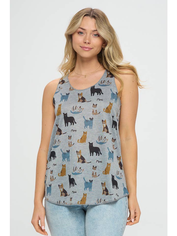 SM WARDROBE - Wholesale Tank Top - Women's - MEOW CAT PRINT TANK TOP