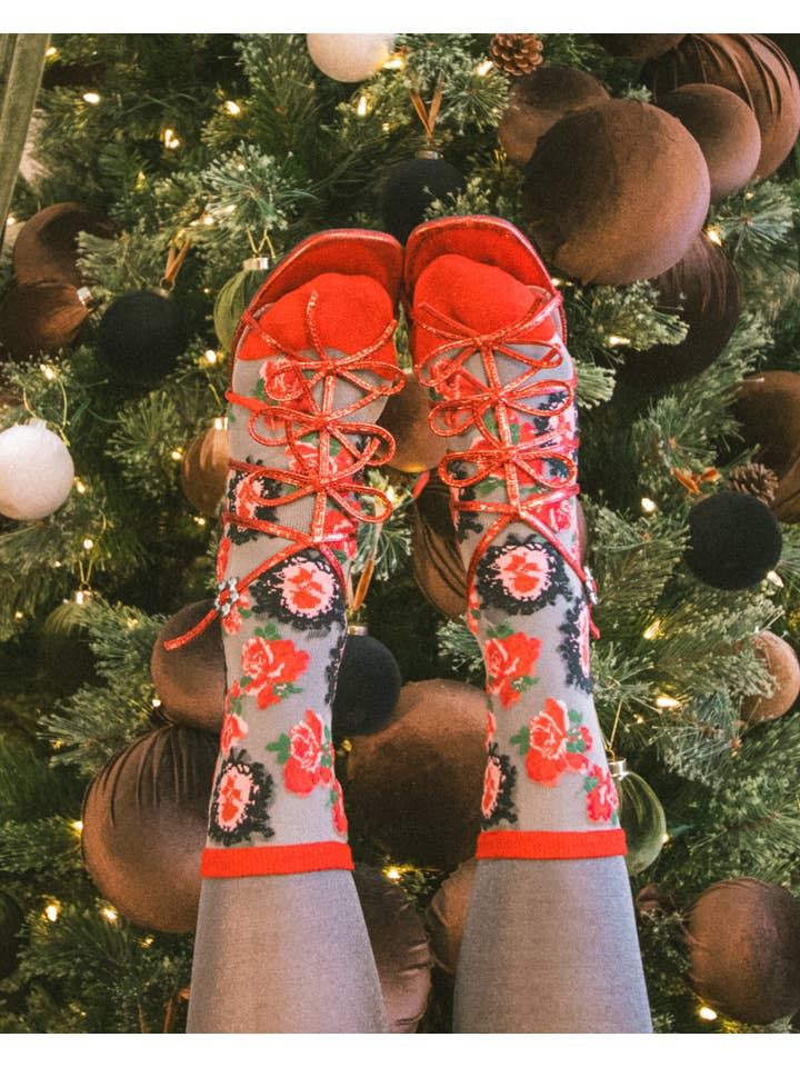 Sock Candy - Vente Chaussettes – femme - Chaussettes transparentes Cameo Rose avec motifs de roses rouges