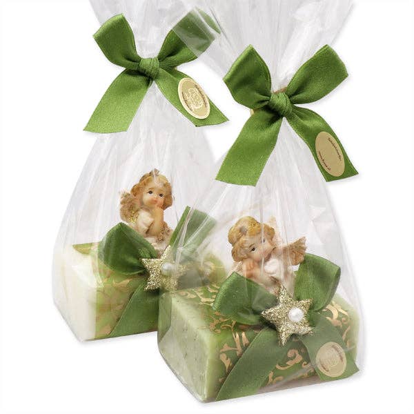 Seifen-Shop - Wholesale Zeepblok - Schapenmelkzeep vierkant 100g versierd met engel in cello, Classic/IJzerkruid0