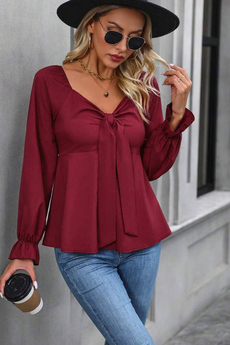 RED FRENCH SWEETHEART BOW TIE FRONT RUFFLED SHIRT for wholesale on Faire3