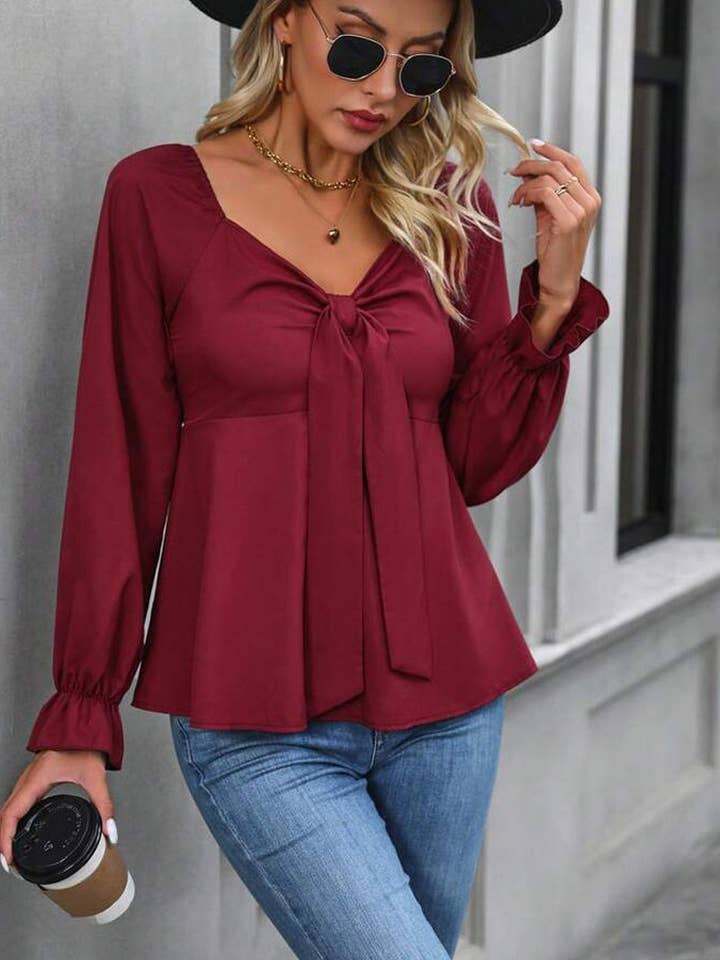 RED FRENCH SWEETHEART BOW TIE FRONT RUFFLED SHIRT for wholesale on Faire3