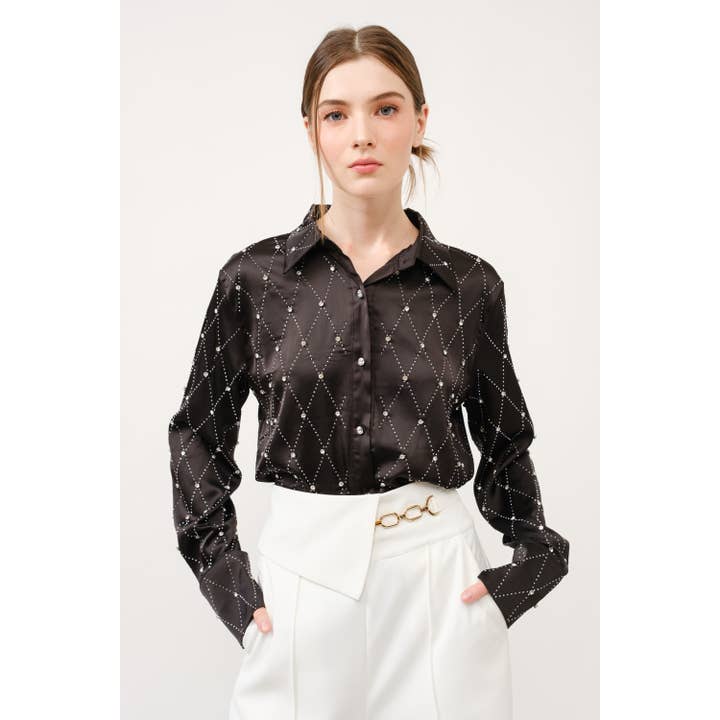 INA - Wholesale Blouse - Women's - Long Sleeve Rhinestones Embellished Shirt Top