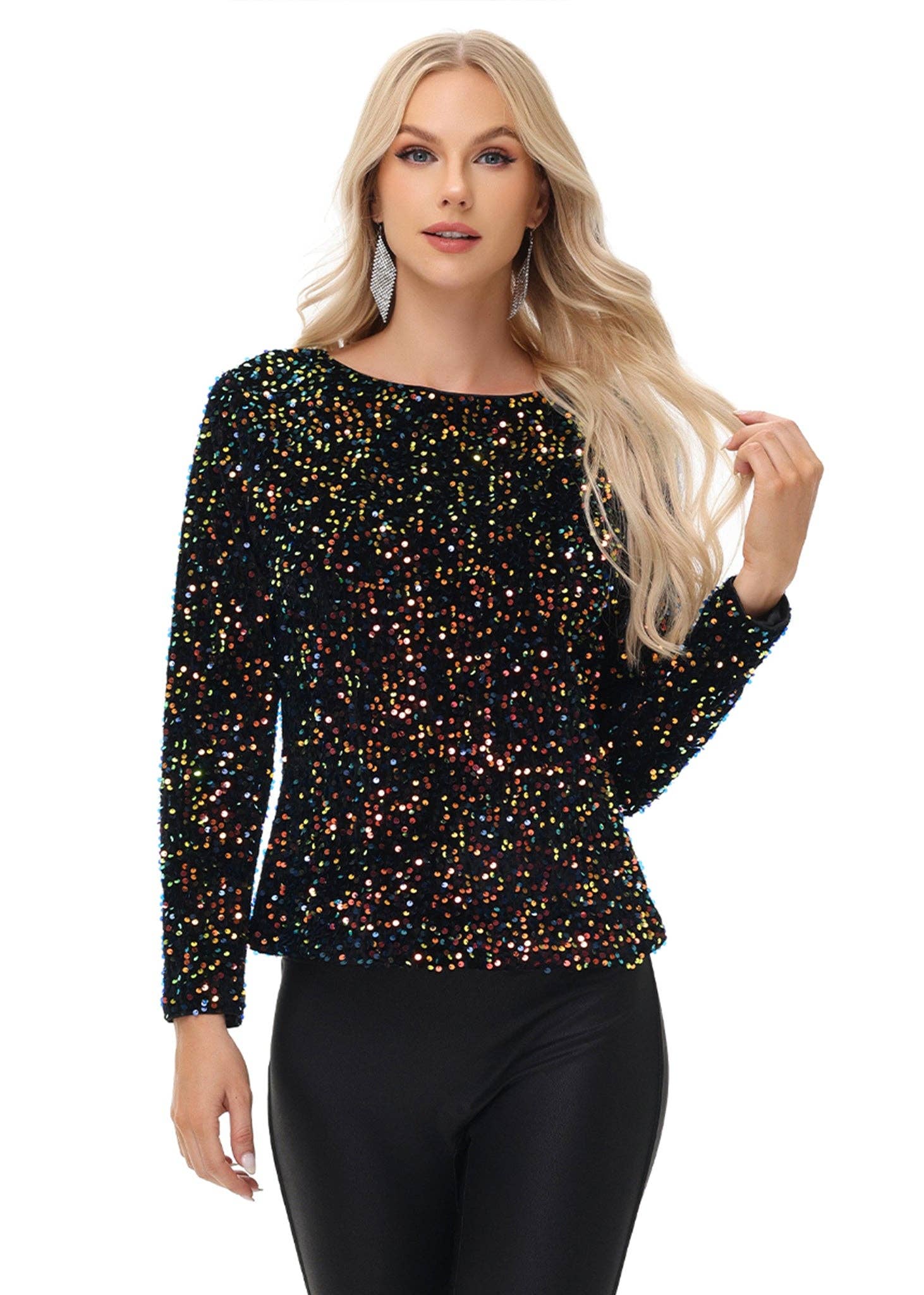 Anna Kaci Wholesale - Wholesale Blouse - Women's - Long Sleeve Sequin Tops Sparkly Glitter Evening Party35