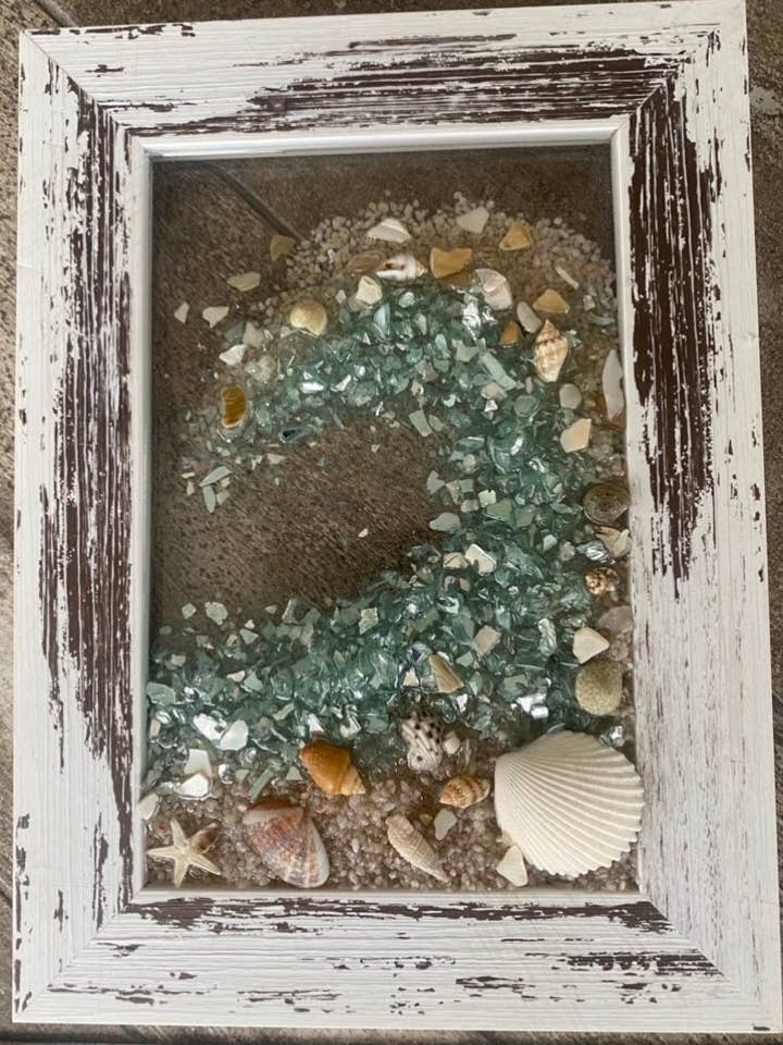 WAVE Aqua - 4X6 Indrammet kunst med knust glas i harpiks for engroshandel hos Sea Dreams Coastal Art