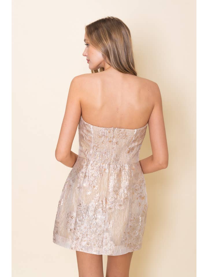 BLUSH W GOLD JACQUARD STRAPLESS BODYCON MINI DRESS-DI10520FO for wholesale on Faire6