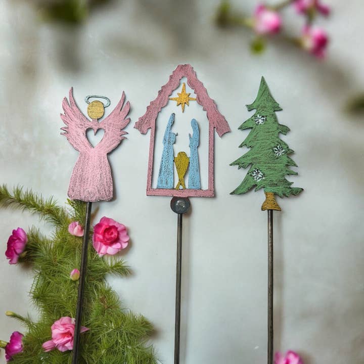 Nativity plant stakes Angel garden stake Tree Snowflake USA for wholesale by Whimsies
