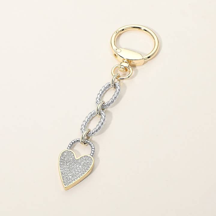 14K Gold Plated CZ Stone Paved Heart Charm Drop Keychain Bag Charm for wholesale by Sensibling Corp.