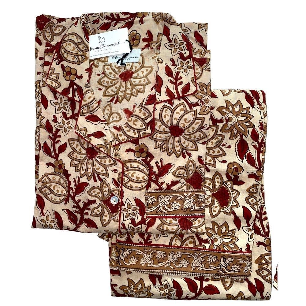 The Fox and The Mermaid - Wholesale Sleepwear Set - Women's - Naturally Dyed Women's Block Printed PJs- 3 Piece Set (Latte0