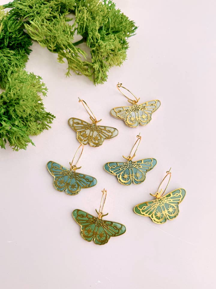 Brass Moth Hoop Earrings - Hypoallergenic, Butterfly, Cute for wholesale by Golden Hour Designs