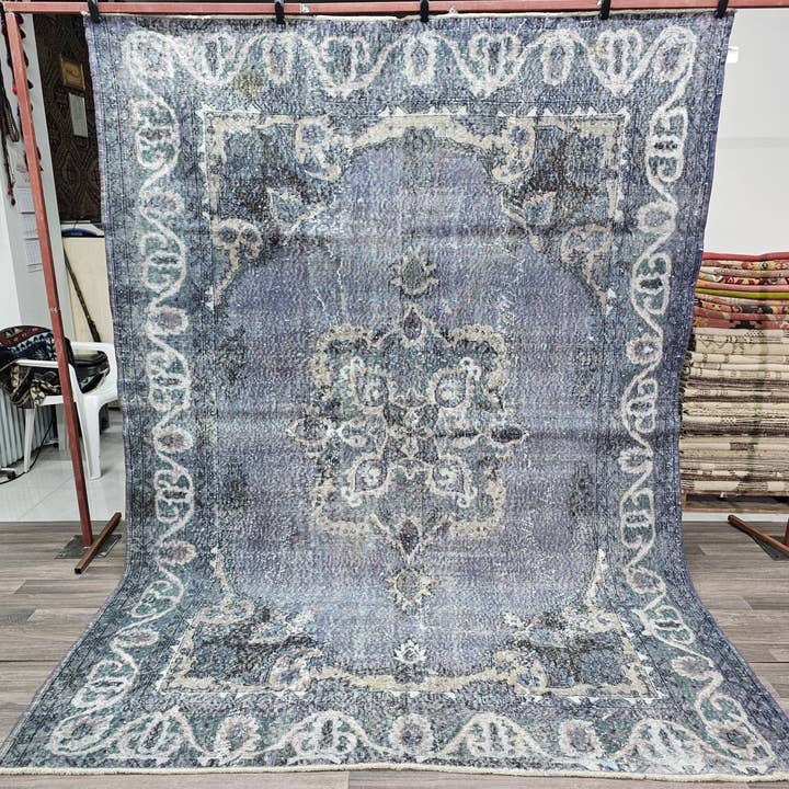 Vintage Navy Blue Turkish Oushak Rug (7x9.5 ft) Wool Area Rug for wholesale by MesopotamiaRugs