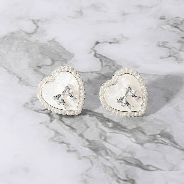 Sensibling Corp. - Wholesale Stud/Post Earrings - Pearl Paved Rim Metal Bow Pointed Enamel Heart Stud Earrings4