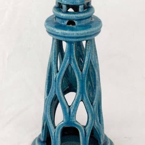 Drew Derose Design - Wholesale Decorative Tabletop Object - Wavy Ceramic Lighthouse Tabletop Décor & Votive Holder1