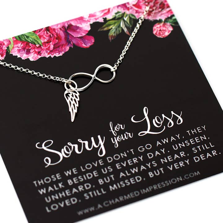 Herdenkingscadeau Sieraden • Sorry voor je verlies halsketting • Sterling zilver • Angel Wing Infinity • Ter nagedachtenis aan echtgenoot, moeder, vader, zus, kind, baby, huisdier, hond, miskraam • Sympathie, herdenkingscadeau voor wholesale door A Charmed Impression
