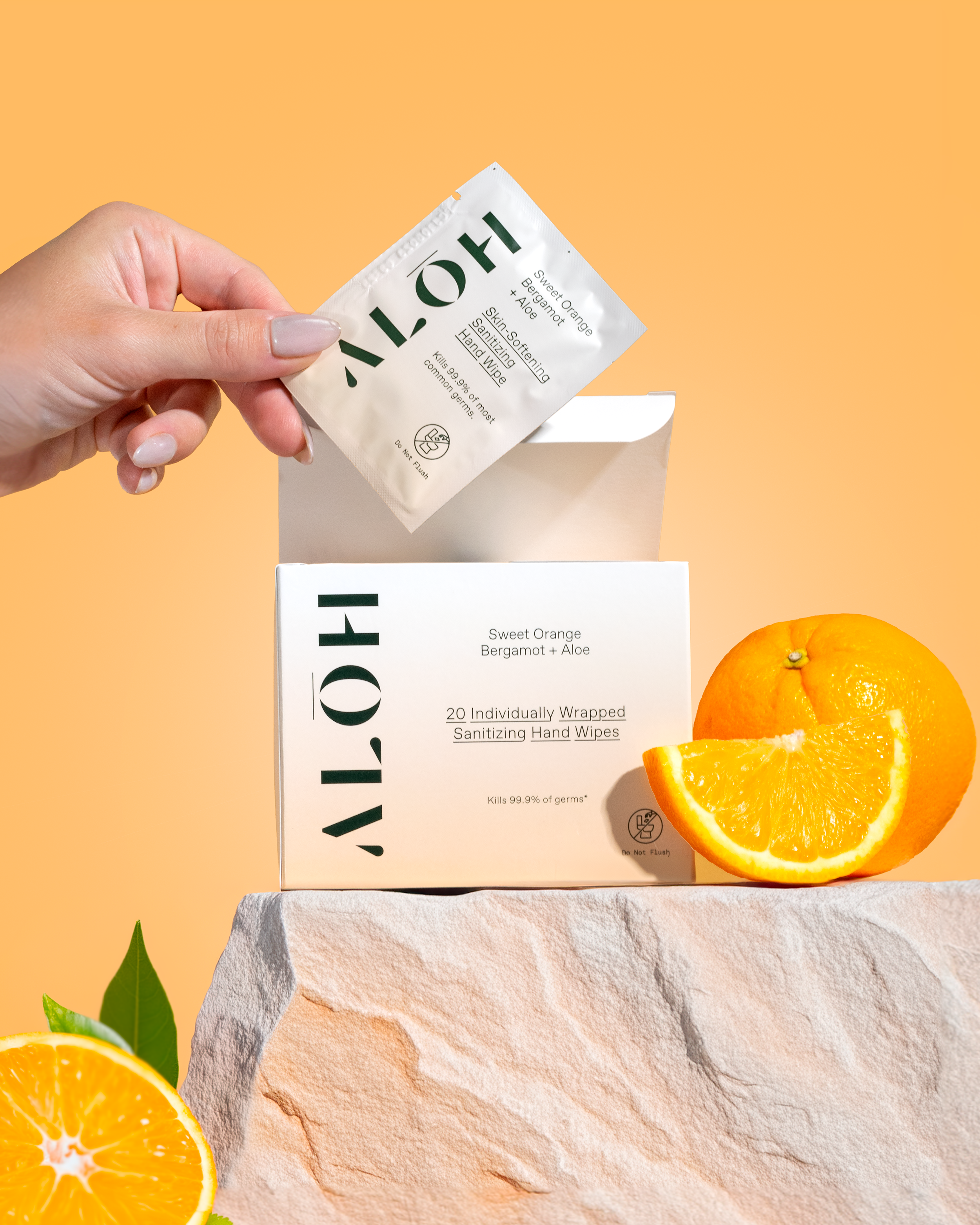 ALŌH - Wholesale Hand Sanitizer - Sweet Orange Bergamot + Aloe Individually Wrapped Sanitizing Hand Wipes2