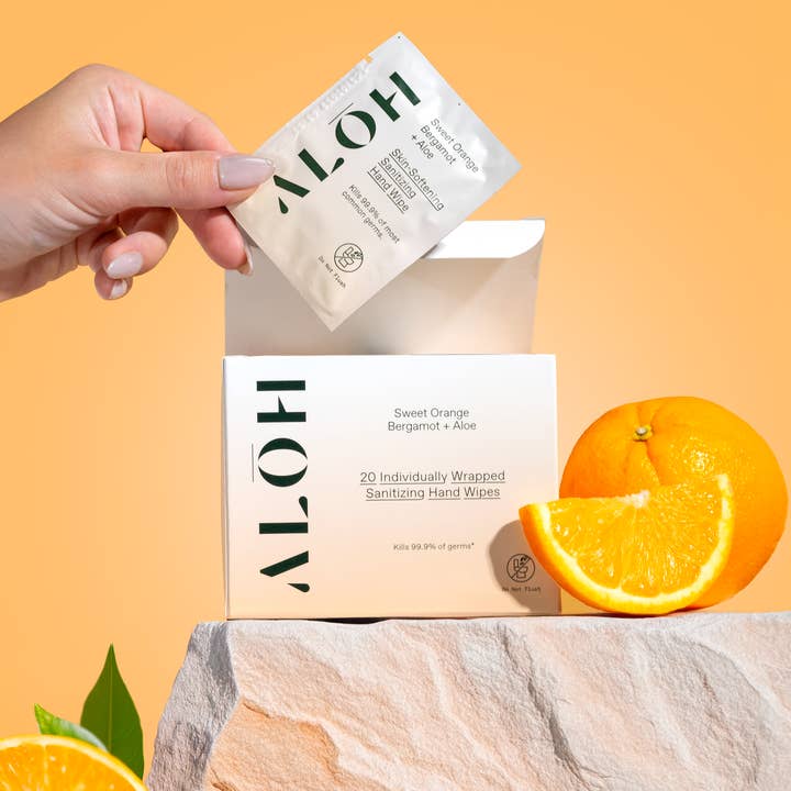 ALŌH - Wholesale Hand Sanitizer - Sweet Orange Bergamot + Aloe Individually Wrapped Sanitizing Hand Wipes2