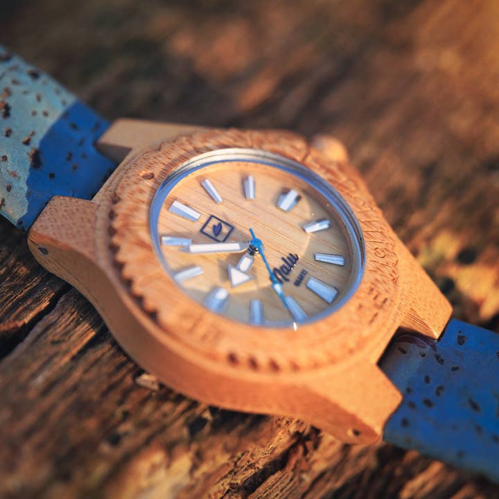 Nalu Small Bamboo Watch/Cork Strap/Blue by Treeless Products for wholesale by Treeless Products
