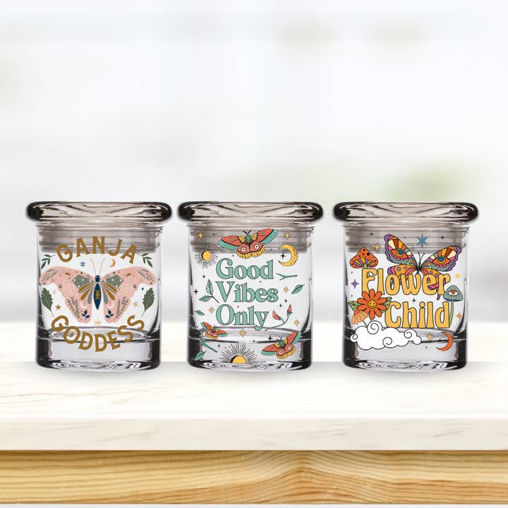 The Retrograde Shop - Wholesale Jar - 1/4th Oz Airtight Glass Stash Jars – Set of 3 Designs