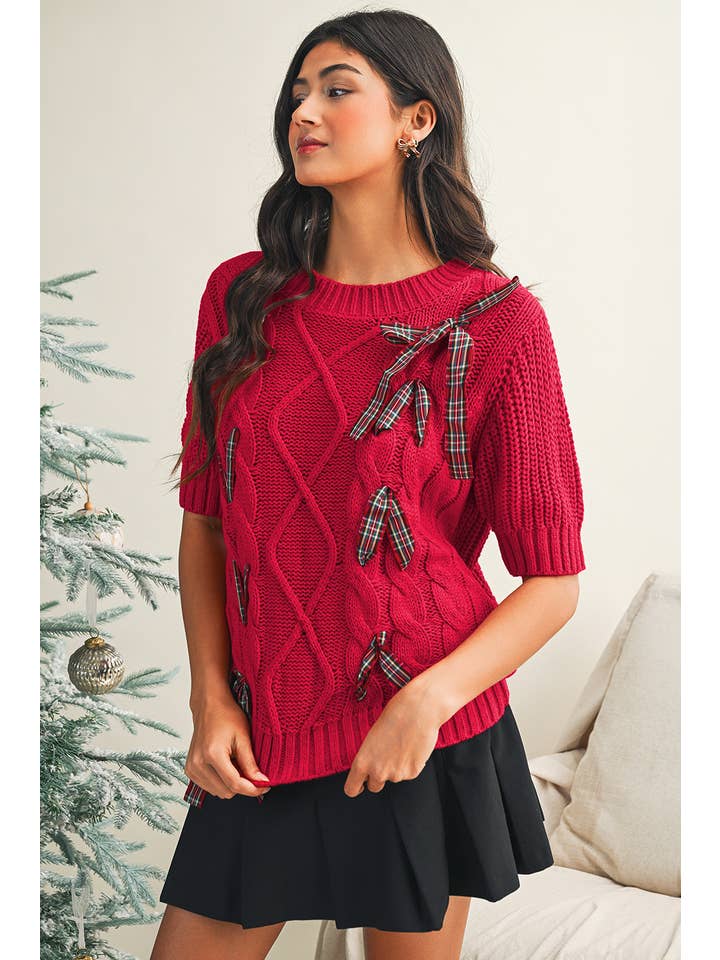 Little Daisy Closet - Wholesale Knit Sweater - Women's - LDC Cable Knit Christmas Holiday Puff Short Sleeve Sweater4