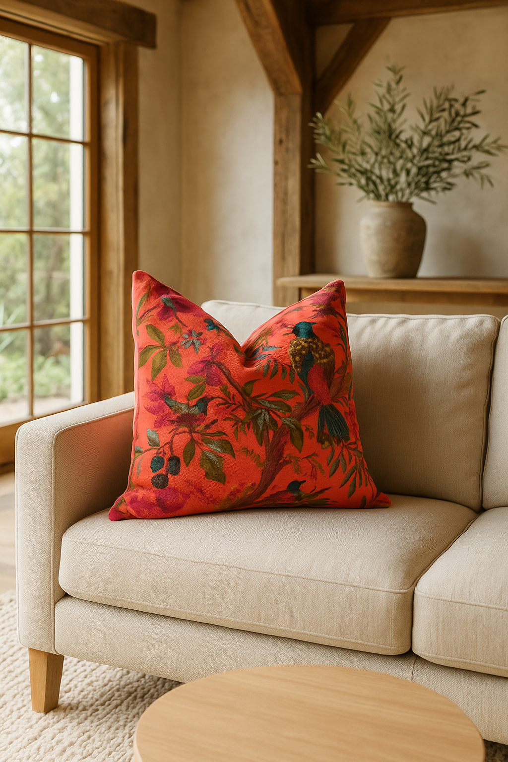 Glamthread – wholesale Throw/decorative pillow – Orange Velvet Cushion with Bird & Floral Print Pillow1
