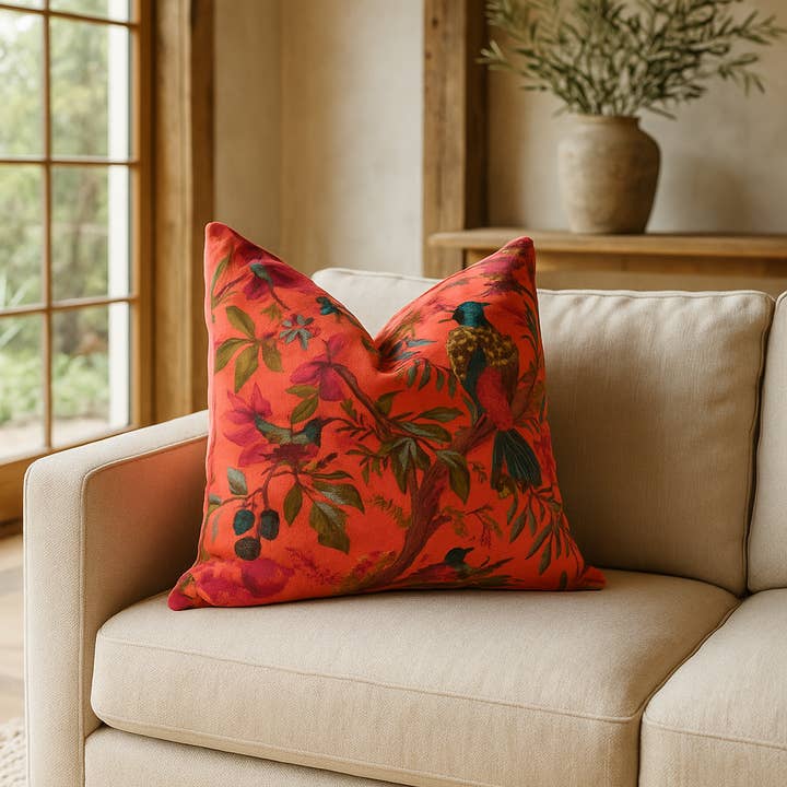 Glamthread - Wholesale Throw/decorative pillow - Orange Velvet Cushion with Bird & Floral Print Pillow1