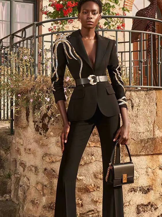 Beaded Blazer & Pants Two-Piece Suit – Women’s Formal Belted Set for wholesale by Fiona Secret Closet
