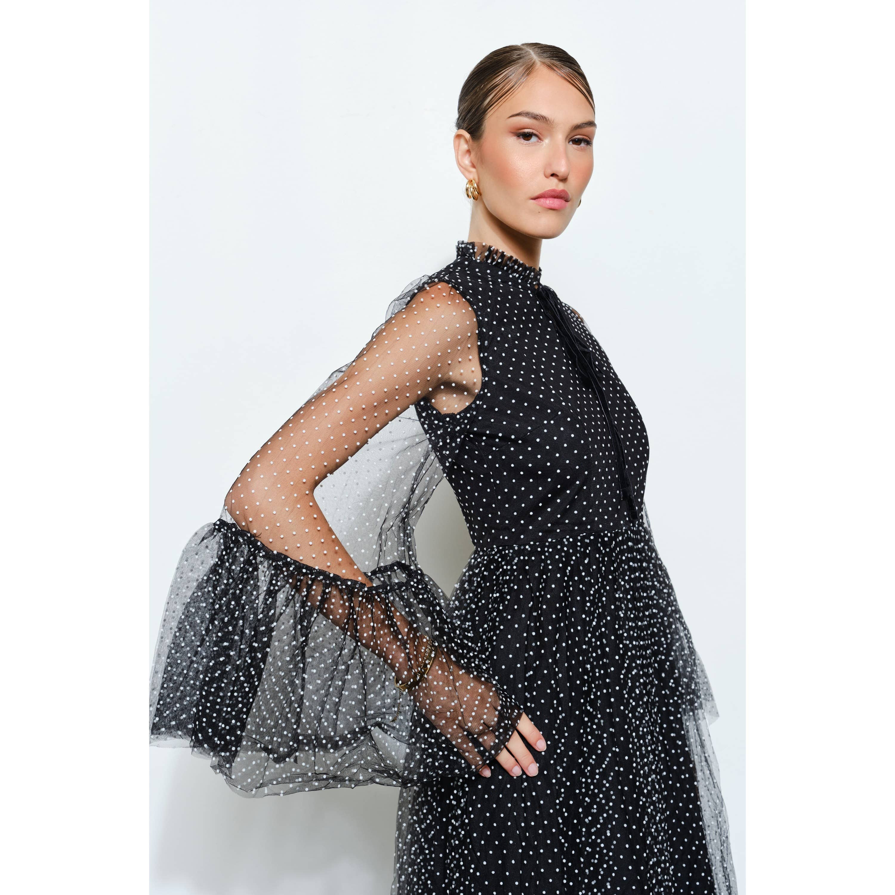 BLACK Polka Dot Mesh Layered Sleeve Maxi Dress for wholesale on Faire7