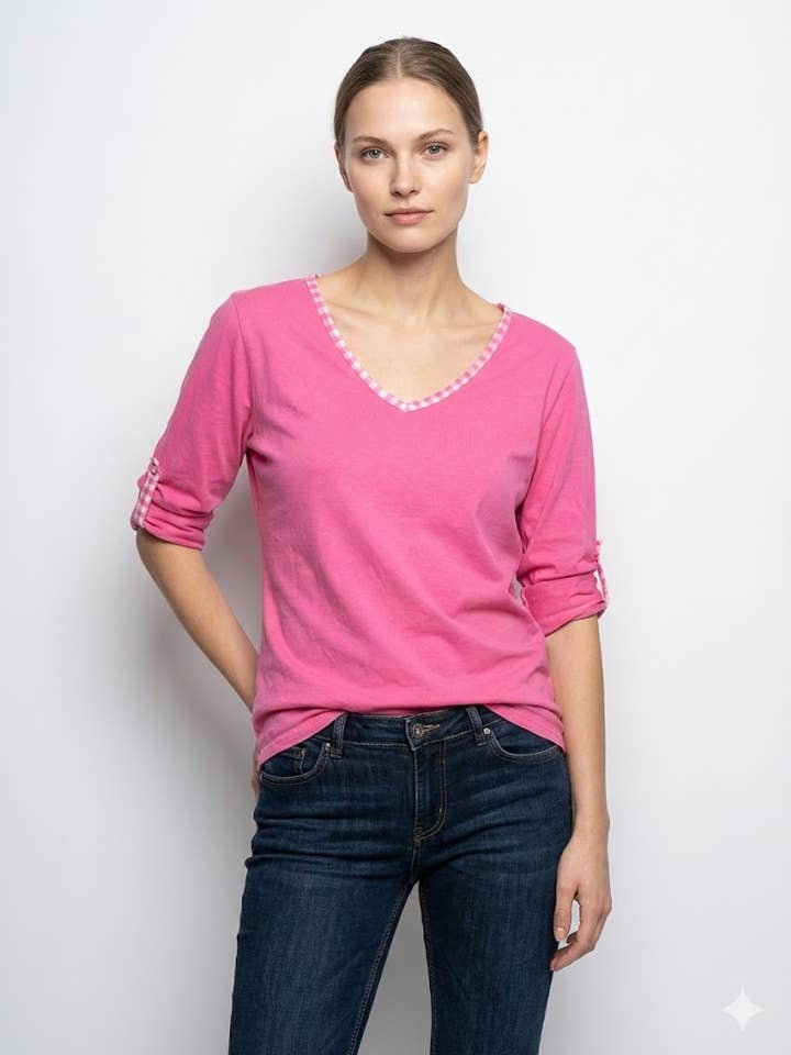 Mimi & Gogo - Venta al por mayor Camiseta - Mujer - Camiseta cuello de cuadros vichy @96893_TsColVichy8