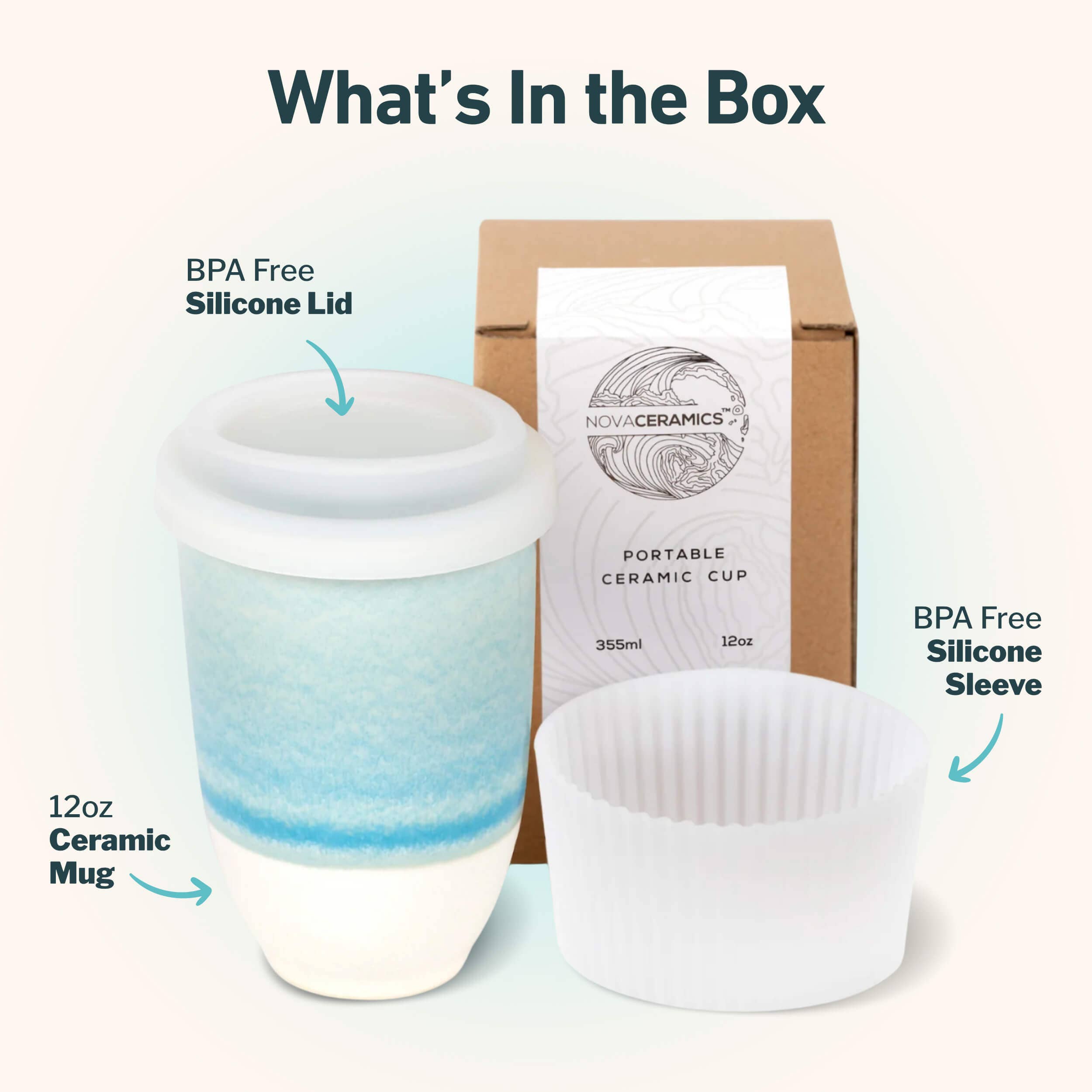 Nova Ceramics Travel Mugs - Wholesale Coffee Mug - Lagoon Ceramic Coffee Cup – 12oz with Lid & Sleeve1