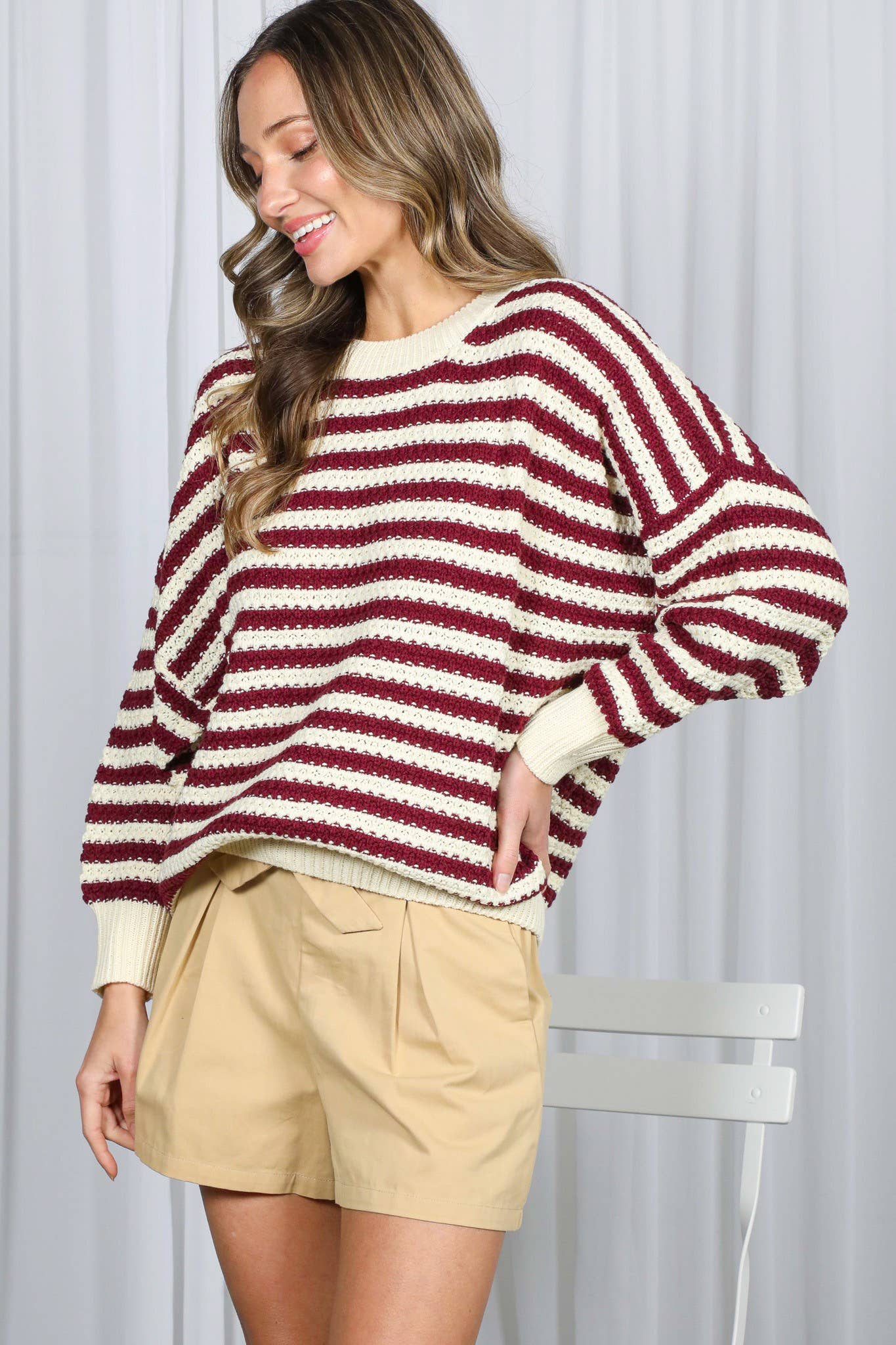 Vine & Love - Wholesale Knit Sweater - Women's - Crew Neck Long Balloon Sleeve Strip Crochet Sweater VT8166640