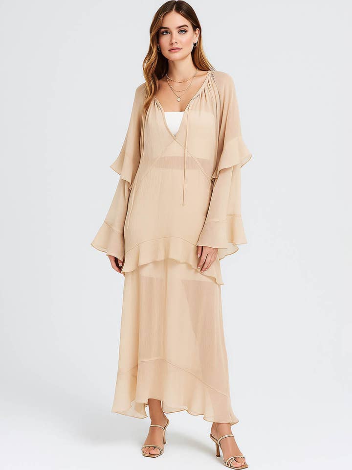 Khaki Ladies Chiffon See Sheer Dress Ruffle Flared Sleeves Maxi Dress for wholesale on Faire4