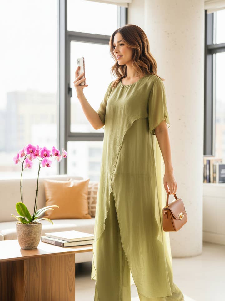 Zijden lange asymmetrische tuniek met korte mouwen en ronde hals voor wholesale door Shyloh