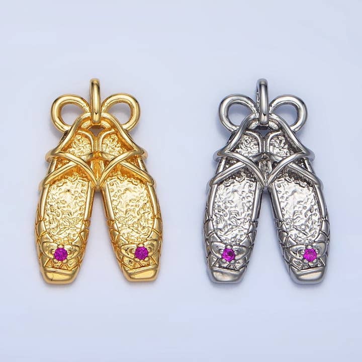 24K Gold Filled Fuchsia CZ Hammered Ribbon Ballet Dancing Shoes Pendant in Gold & Silver | AA118 for wholesale by Aim Eternal