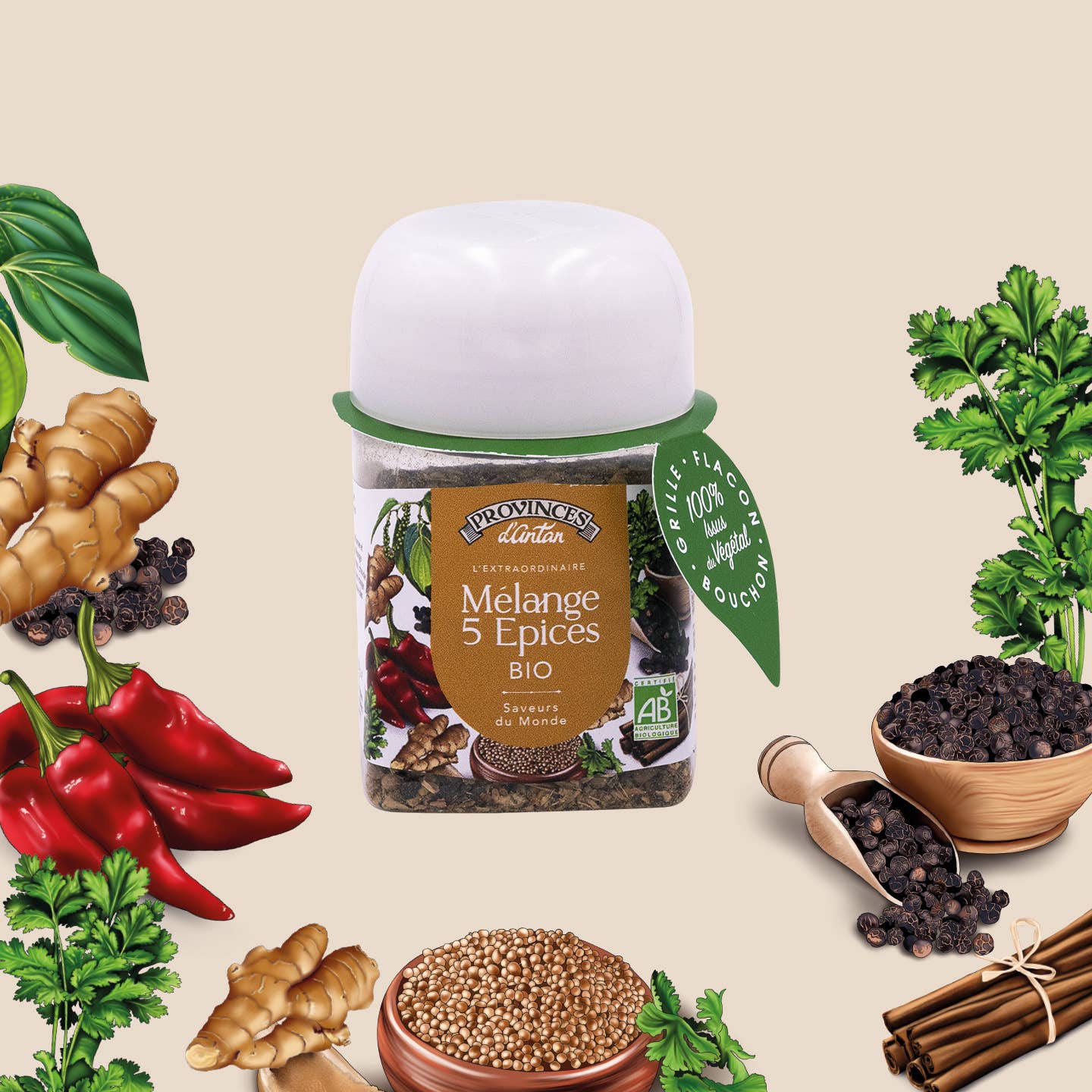 PROVENCE D'ANTAN - Wholesale Herbs - 5 Organic Spices* 30g - PLA Plant-Based Jar0