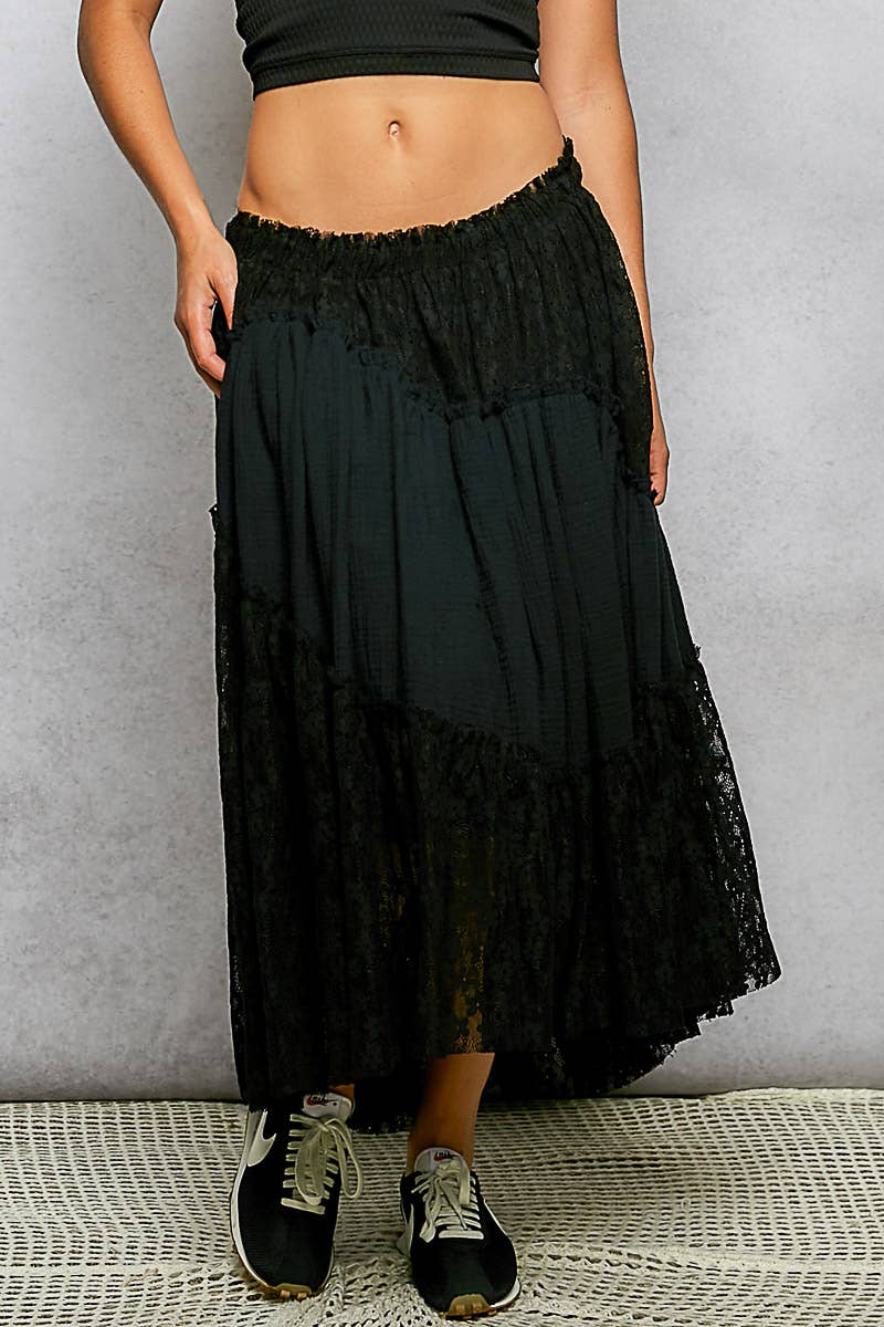 Pol Clothing - Wholesale Skirt - Women's - Double gauze raw edge lace patch solid maxi skirts0