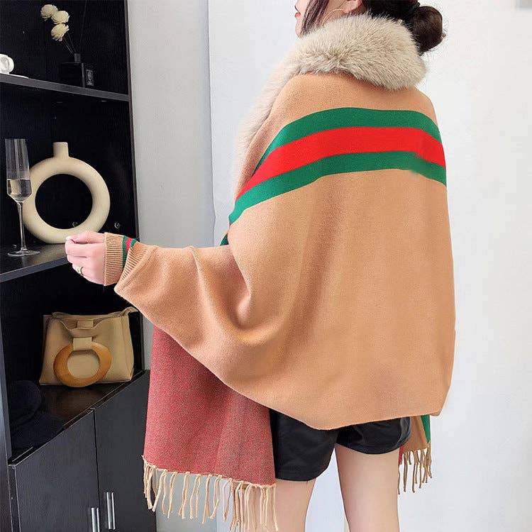 Ole - Wholesale Wrap - Women's - Striped Fur Collar Tassel Shawl S018410