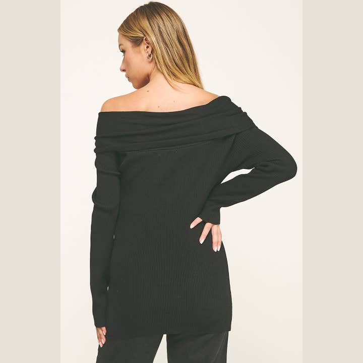 Black GLAM BOW ZIP-OFF SHOULDER BOW RIBBED KNIT TOP for wholesale on Faire5
